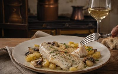 Merlu aux champignons, pommes de terre et au safran